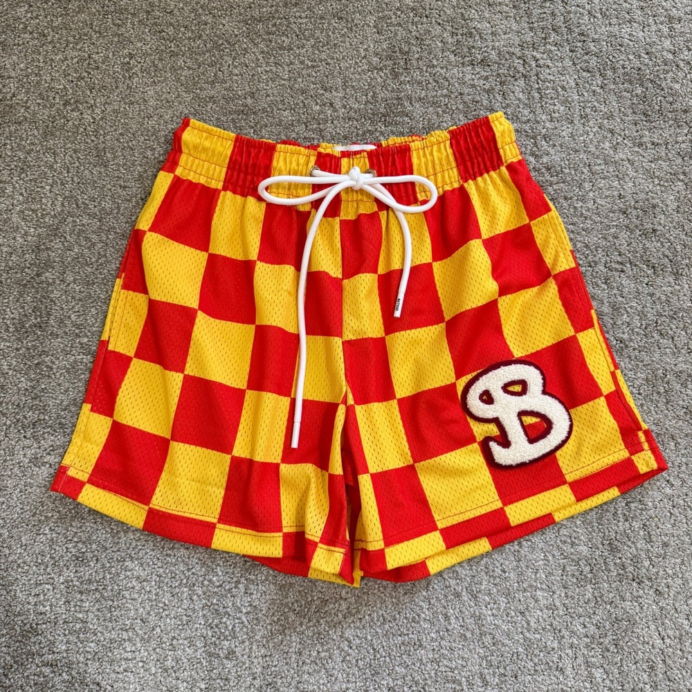 BKTSQD Mens Red Yellow Checkered Mesh Basketball Shorts Chenille B Patch Small